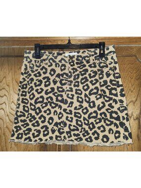 Leopard Print Denim Mini Skirt Womens Size Large 5 Belt Loops 5 Pockets